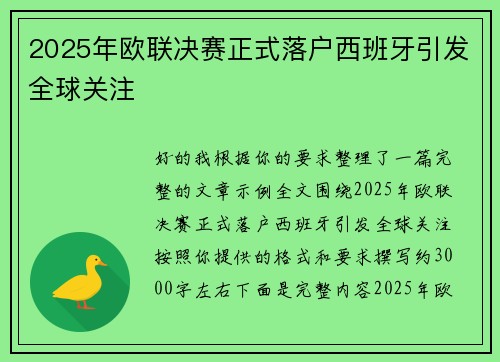 2025年欧联决赛正式落户西班牙引发全球关注